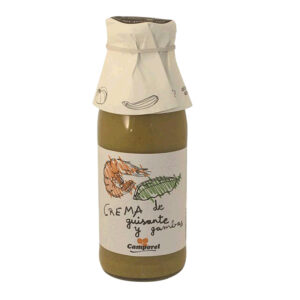 Crema de guisantes con gambas