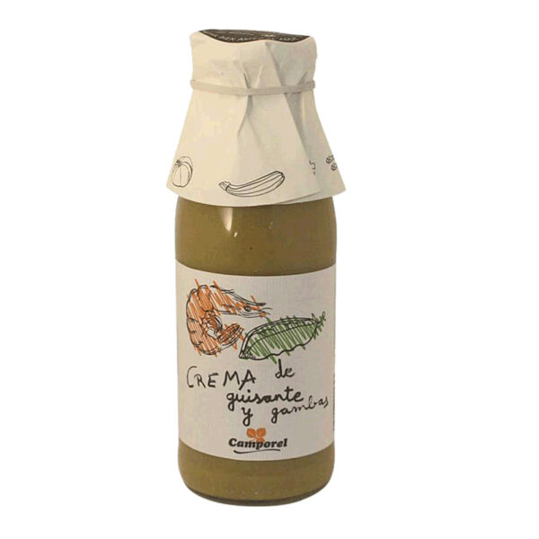 Crema de guisantes con gambas